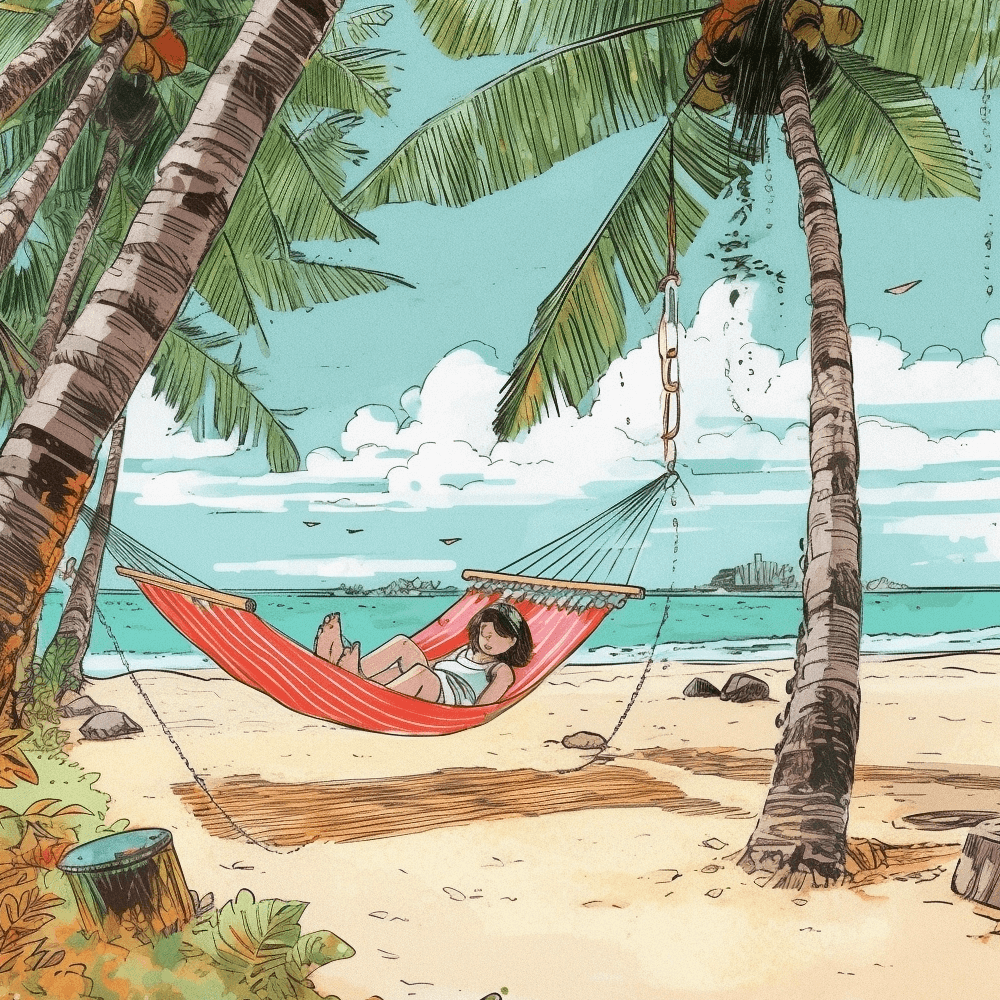 hamak ze stelażem i moskitierą między palmami to częsta fotka na Instagramie, plaża w tle, słomka w kokocie i można się urlopować